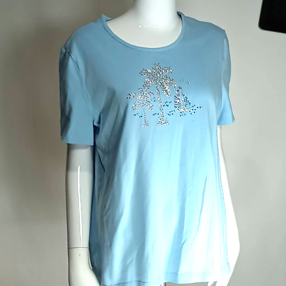 Coral Bay Tops - CORAL BAY BLUE SHIRT WITH EMBELLISHED PALM TREES SIZE LARGE